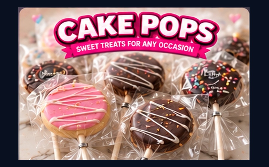 Assorted flat disc-style cake pops on sticks with colorful coatings and toppings