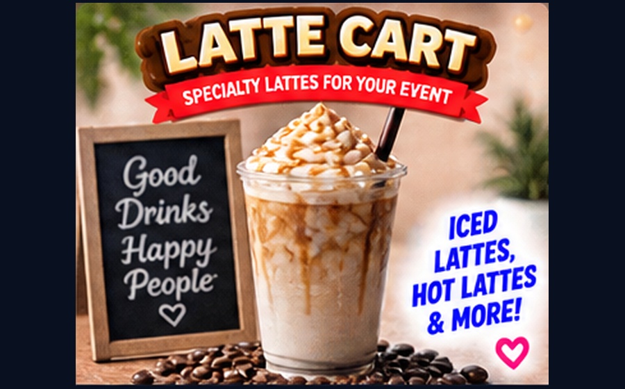 Rent Then Play latte cart with a latte drink
