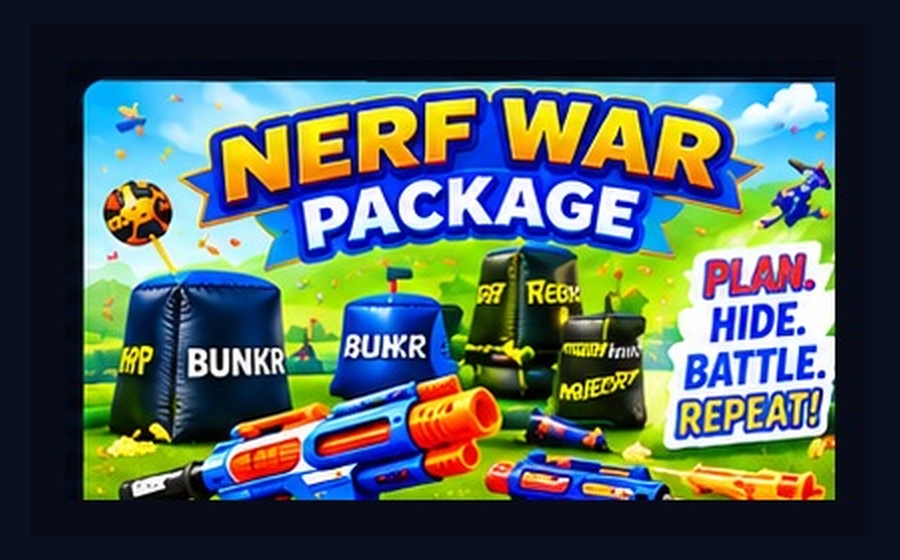 Nerf party rental setup with inflatable barriers and blasters