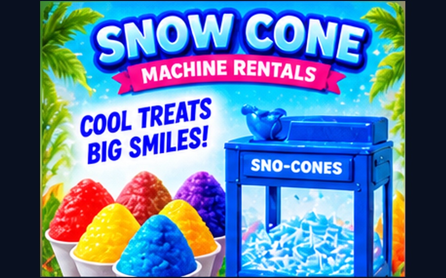 Snow cone machine rental graphic with colorful snow cones